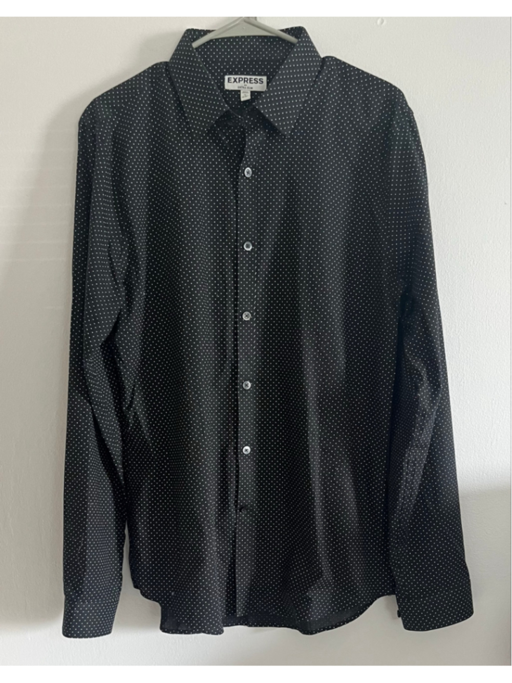 Express Men’s Extra Slim Dress Shirt, Size L Black and White Polka Dot